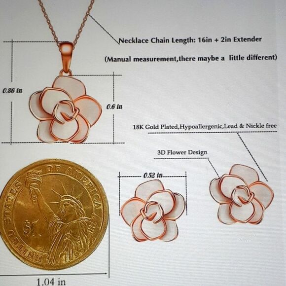 New EVEVIC Set Rose Flower Earrings And Necklace 18K Gold Plated Hypoallergenic - Picture 4 of 4